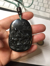 Load image into Gallery viewer, 100% Natural dark green/black jadeite jade(Mocui, 墨翠) three sheep Pendant/handhold worry stone BL129
