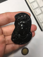 Load image into Gallery viewer, 100% Natural dark green/black jadeite jade(Mocui, 墨翠) GuanYin(观音) Pendant/handhold worry stone BL130
