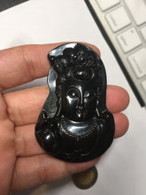 Load image into Gallery viewer, 100% Natural dark green/black jadeite jade(Mocui, 墨翠) GuanYin(观音) Pendant/handhold worry stone BL130
