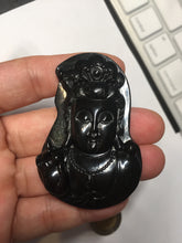 Load image into Gallery viewer, 100% Natural dark green/black jadeite jade(Mocui, 墨翠) GuanYin(观音) Pendant/handhold worry stone BL130
