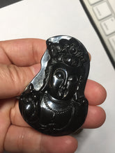 Load image into Gallery viewer, 100% Natural dark green/black jadeite jade(Mocui, 墨翠) GuanYin(观音) Pendant/handhold worry stone BL130
