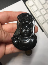 Load image into Gallery viewer, 100% Natural dark green/black jadeite jade(Mocui, 墨翠) GuanYin(观音) Pendant/handhold worry stone BL130
