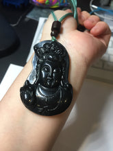 Load image into Gallery viewer, 100% Natural dark green/black jadeite jade(Mocui, 墨翠) GuanYin(观音) Pendant/handhold worry stone BL130
