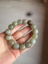Load image into Gallery viewer, 14x13mm 100% Natural light green/gray/brown with brown flying dandelions vintage style nephrite Hetian Jade bead bracelet HE84
