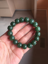 Load image into Gallery viewer, 100% Natural 10.3/12mm dark green/black vintage style nephrite Hetian Jade (碧玉) bead bracelet HE90
