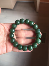 Load image into Gallery viewer, 100% Natural 10.3/12mm dark green/black vintage style nephrite Hetian Jade (碧玉) bead bracelet HE90
