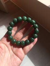 Load image into Gallery viewer, 100% Natural 10.3/12mm dark green/black vintage style nephrite Hetian Jade (碧玉) bead bracelet HE90
