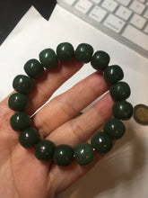 Load image into Gallery viewer, 100% Natural 10.3/12mm dark green/black vintage style nephrite Hetian Jade (碧玉) bead bracelet HE90
