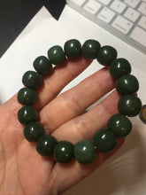 Load image into Gallery viewer, 100% Natural 10.3/12mm dark green/black vintage style nephrite Hetian Jade (碧玉) bead bracelet HE90
