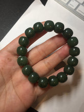 Load image into Gallery viewer, 100% Natural 10.3/12mm dark green/black vintage style nephrite Hetian Jade (碧玉) bead bracelet HE90
