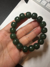 Load image into Gallery viewer, 100% Natural 10.3/12mm dark green/black vintage style nephrite Hetian Jade (碧玉) bead bracelet HE90
