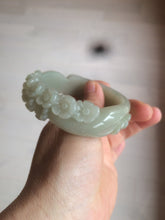Load image into Gallery viewer, 卖了 Copy of 58mm 100% natural light green/gray carved Plum blossoms Qartzite (Shetaicui jade) bangle XY97 for Rosey
