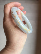 Load image into Gallery viewer, 56.5mm 100% Natural type A icy watery green/blue carved and golden-painted chubby round cut Jadeite Jade bangle PC75
