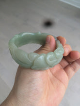 Load image into Gallery viewer, 53mm 100% natural light green/gray Quartzite (Shetaicui jade) 3D carved Magpie and Peony bangle XY62
