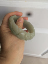 Load image into Gallery viewer, 53mm 100% natural light green/gray Quartzite (Shetaicui jade) 3D carved Magpie and Peony bangle XY62
