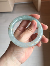 Load image into Gallery viewer, 55.5mm 100% Natural type A icy watery green/blue carved and golden-painted chubby round cut Jadeite Jade bangle PC74
