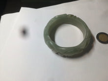 Load image into Gallery viewer, 53mm 100% natural light green/gray Quartzite (Shetaicui jade) 3D carved Magpie and Peony bangle XY62
