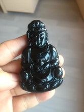 Load image into Gallery viewer, 100% Natural dark green/black jadeite jade(Mocui, 墨翠) GuanYin(观音) Pendant/handhold worry stone BL142
