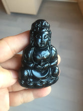 Load image into Gallery viewer, 100% Natural dark green/black jadeite jade(Mocui, 墨翠) GuanYin(观音) Pendant/handhold worry stone BL142
