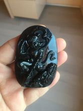 Load image into Gallery viewer, 100% Natural clear dark green/black jadeite jade(Mocui, 墨翠) Nezha(哪吒) defeated the dragon king Pendant/handhold worry stone BL139
