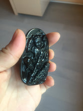 Load image into Gallery viewer, 100% Natural clear dark green/black jadeite jade(Mocui, 墨翠) Nezha(哪吒) defeated the dragon king Pendant/handhold worry stone BL139
