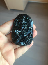 Load image into Gallery viewer, 100% Natural clear dark green/black jadeite jade(Mocui, 墨翠) Nezha(哪吒) defeated the dragon king Pendant/handhold worry stone BL139
