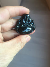 Load image into Gallery viewer, 100% Natural dark green/black jadeite jade(Mocui, 墨翠) happy buddha Pendant/handhold worry stone BL138
