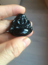 Load image into Gallery viewer, 100% Natural dark green/black jadeite jade(Mocui, 墨翠) happy buddha Pendant/handhold worry stone BL138
