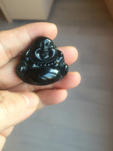 Load image into Gallery viewer, 100% Natural dark green/black jadeite jade(Mocui, 墨翠) happy buddha Pendant/handhold worry stone BL138
