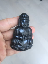 Load image into Gallery viewer, 100% Natural dark green/black jadeite jade(Mocui, 墨翠) GuanYin(观音) Pendant/handhold worry stone BL142
