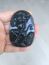 Load image into Gallery viewer, 100% Natural clear dark green/black jadeite jade(Mocui, 墨翠) Nezha(哪吒) defeated the dragon king Pendant/handhold worry stone BL139
