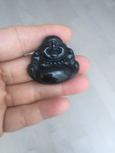 Load image into Gallery viewer, 100% Natural dark green/black jadeite jade(Mocui, 墨翠) happy buddha Pendant/handhold worry stone BL138
