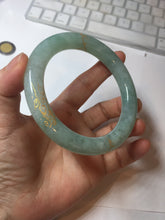 Load image into Gallery viewer, 60mm 100% Natural type A lake watery green/white carved and golden-painted chubby round cut Jadeite Jade bangle PC73

