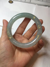 Load image into Gallery viewer, 55.5mm 100% Natural type A icy watery green/blue carved and golden-painted chubby round cut Jadeite Jade bangle PC74
