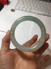 Load image into Gallery viewer, 55.5mm 100% Natural type A icy watery green/blue carved and golden-painted chubby round cut Jadeite Jade bangle PC74
