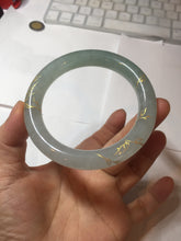 Load image into Gallery viewer, 55.5mm 100% Natural type A icy watery green/blue carved and golden-painted chubby round cut Jadeite Jade bangle PC74
