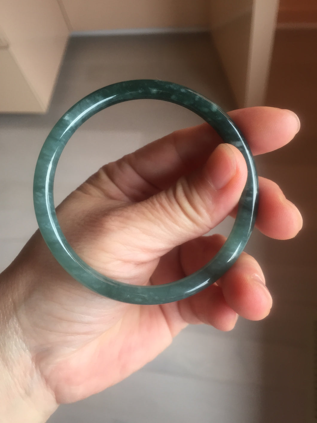 57mm Certified Type A 100% Natural icy watery deep sea dark green/blue/gray/black slim round cut Guatemala Jadeite bangle AT114-2061