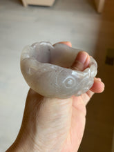Load image into Gallery viewer, 54.6mm 100% natural light Pink/black/purple fish and lotus pods(年年有余) Quartzite (Shetaicui jade) 3D carved Bow knot bangle SY10
