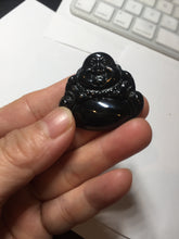 Load image into Gallery viewer, 100% Natural dark green/black jadeite jade(Mocui, 墨翠) happy buddha Pendant/handhold worry stone BL138
