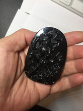 Load image into Gallery viewer, 100% Natural clear dark green/black jadeite jade(Mocui, 墨翠) Nezha(哪吒) defeated the dragon king Pendant/handhold worry stone BL139
