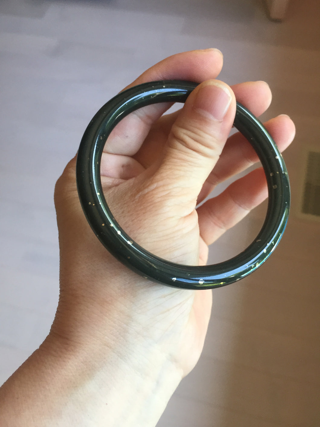 60.5mm 100% Natural dark green/black meteorite Stellar Night sky slim round cut nephrite bangle HT117-0757