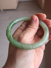 Load image into Gallery viewer, 54.3mm certificated 100% Natural green/gray 翠青 with carved peony slim nephrite Jade bangle HHE101-8780
