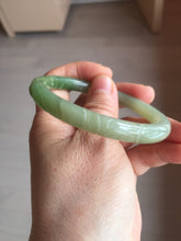 Load image into Gallery viewer, 54.3mm certificated 100% Natural green/gray 翠青 with carved peony slim nephrite Jade bangle HHE101-8780
