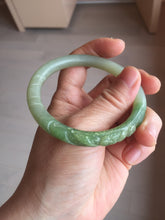 Load image into Gallery viewer, 54.3mm certificated 100% Natural green/gray 翠青 with carved peony slim nephrite Jade bangle HHE101-8780
