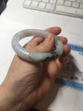 Load image into Gallery viewer, 54mm 100% Natural type A dark green purple white carved plum bossom and golden-painted Jadeite Jade bangle BP166-0266
