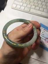 Load image into Gallery viewer, 57.5mm 100% Natural type A light green white carved and golden-painted round cut Jadeite Jade bangle BP167-0276
