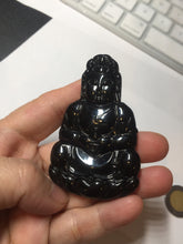 Load image into Gallery viewer, 100% Natural dark green/black jadeite jade(Mocui, 墨翠) GuanYin(观音) Pendant/handhold worry stone BL142
