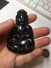 Load image into Gallery viewer, 100% Natural dark green/black jadeite jade(Mocui, 墨翠) GuanYin(观音) Pendant/handhold worry stone BL142
