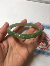 Load image into Gallery viewer, 54.3mm certificated 100% Natural green/gray 翠青 with carved peony slim nephrite Jade bangle HHE101-8780
