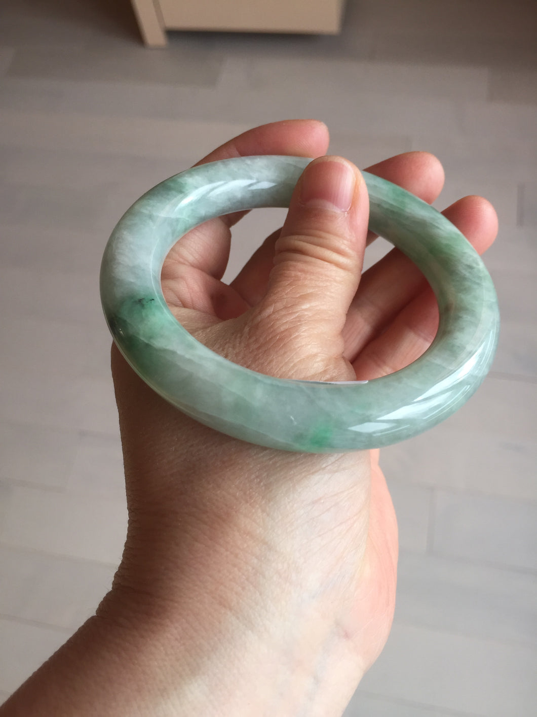 57.9mm certified 100% natural type A light sunny green chubby round-cut jadeite jade bangle BL7-5396